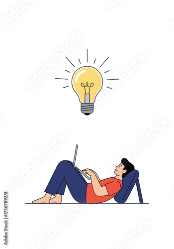 A person lying down with a laptop experiences a sudden moment of inspiration visualized by a lightbulb.