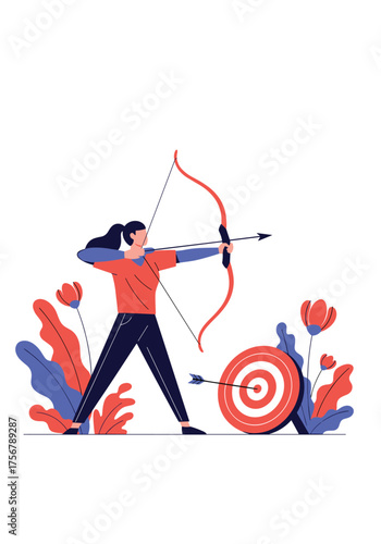 A woman is aiming an arrow at a target during an archery competition.