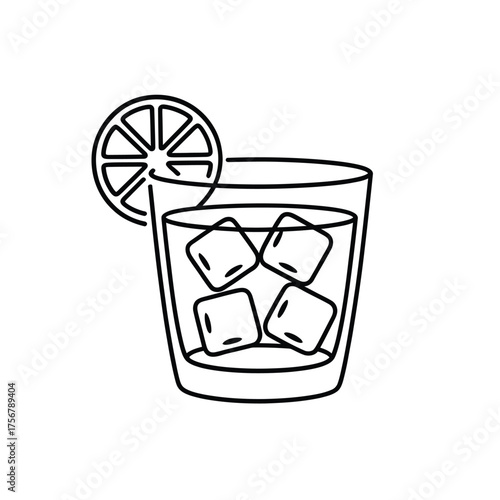 Simple hand drawn outline of a refreshing cocktail with ice and a citrus garnish