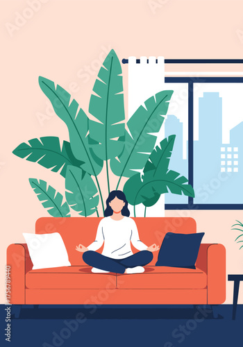 A woman meditates peacefully on a couch surrounded by lush green plants indoors.