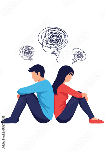 Couple experiencing mental distress and emotional turmoil while sitting back to back.