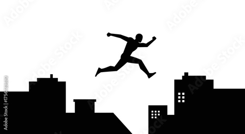 Dynamic silhouette of a determined person leaping across city buildings symbolizing ambition adventure and overcoming obstacles in urban environments isolated on white background