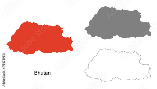 Bhutan map set. Bhutan map vector. Bhutan map on orange, gray, and outline