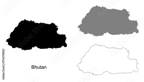 Bhutan map set. Bhutan map vector. Bhutan map on silhouette, gray, and outline