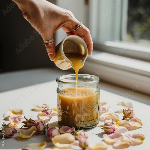 Hand pouring natural soy wax into candle jar surrounded by flowers  