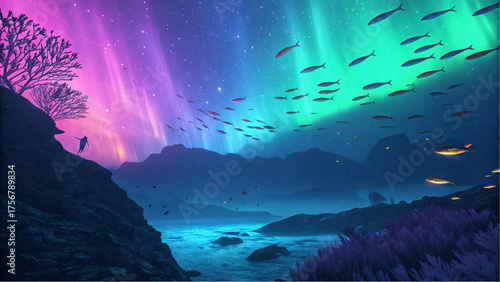 Underwater aurora borealis with school of fish and coral reef