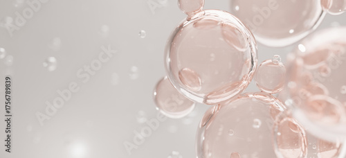 Foto Floating 3D pink serum spheres on soft white background