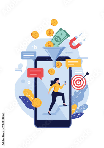 Visualizing the journey of earning money online through a smartphone funnel metaphor.