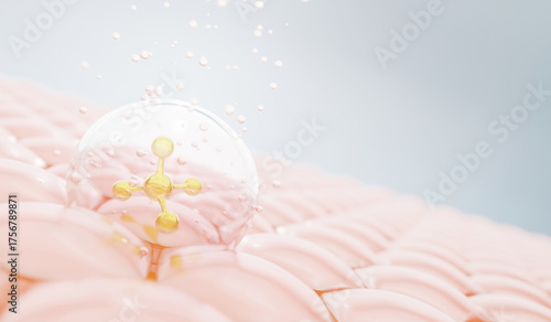 Fotografía 3D active serum droplet penetrating skin cells with golden molecule inside