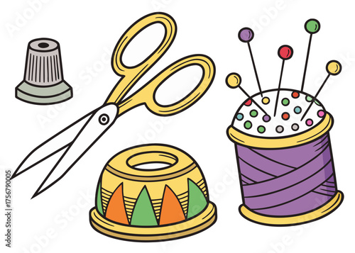 Cute sewing supplies illustration with scissors thimble and pin cushion