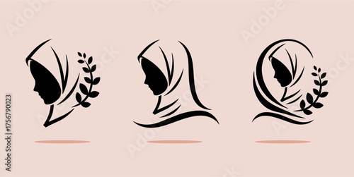 Graceful Muslim Woman Silhouettes with Floral Elements