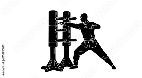 Silhouette of a martial artist performing wing chun dummy training demonstrating powerful strikes and defensive techniques in dynamic action pose focused on combat. isolated on white background