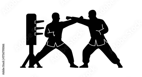 Martial arts training dynamic duo practicing kung fu techniques with wooden dummy silhouette isolated isolated on white background
