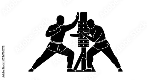 Martial arts training silhouette depicting two kung fu practitioners practicing wing chun wooden dummy techniques dynamic action poses isolated on white background