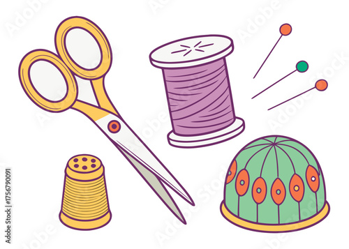 Sewing supplies collection with scissors thread spool thimble pins and pincushion