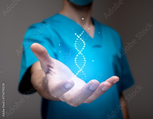 DNA helix hologram above scientist hand