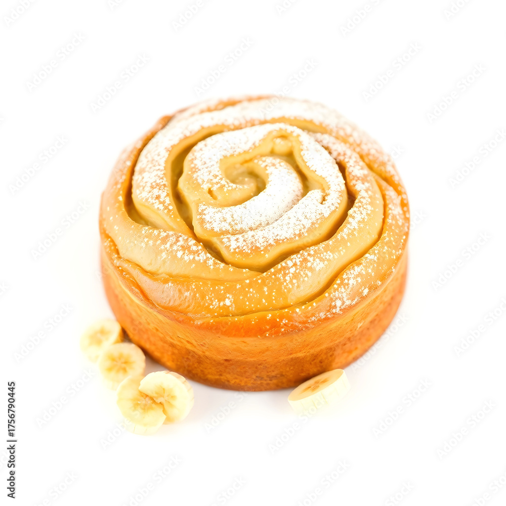 Fototapeta premium A freshly baked pineapple cake with a golden brown crust and juicy pineapple placed on a clean and pristine white background