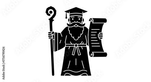 Ancient scholar holding scroll and staff silhouette symbolizing wisdom knowledge education history academic achievement and mystical power isolated on white background