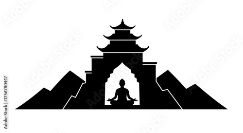 Serene meditation silhouette amidst ancient asian architecture symbolizing inner peace harmony and spiritual enlightenment isolated on white background