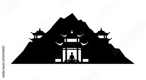 Serene buddhist temple nestled within majestic mountain peaks creating an aura of tranquility and spiritual enlightenment isolated on white background