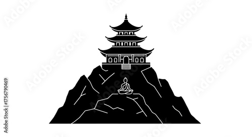Silhouette of a traditional asian pagoda temple structure perched high on a rugged mountain peak isolated on white background