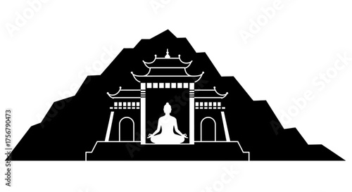 Serene buddha meditation amidst majestic mountain temple gateway architectural silhouette isolated on white background