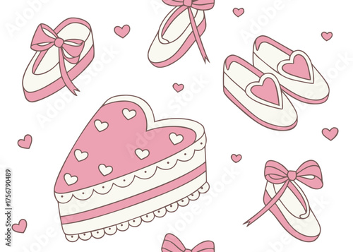Sweet pink ballet slippers and heart cake pattern