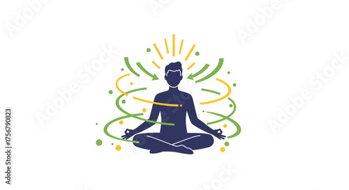 Meditating silhouette emanating golden light and chakras symbolizing inner peace and spiritual awakening isolated on white background