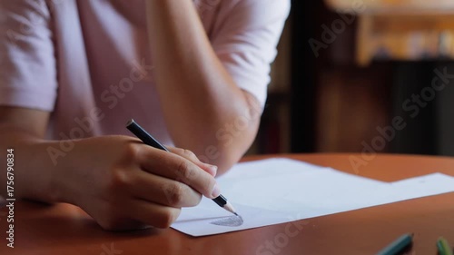 Student sketching diligently, Hand writing on paper carefully, Student resting chin while marking lines on paper, Focused student annotating notes with pen at cozy study