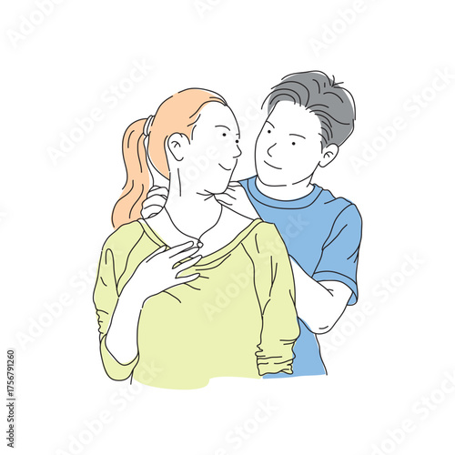 Illustration of a young man surprising his girlfriend with a necklace. A romantic and charming newlywed couple spending time together celebrating their anniversary and Valentine's Day.