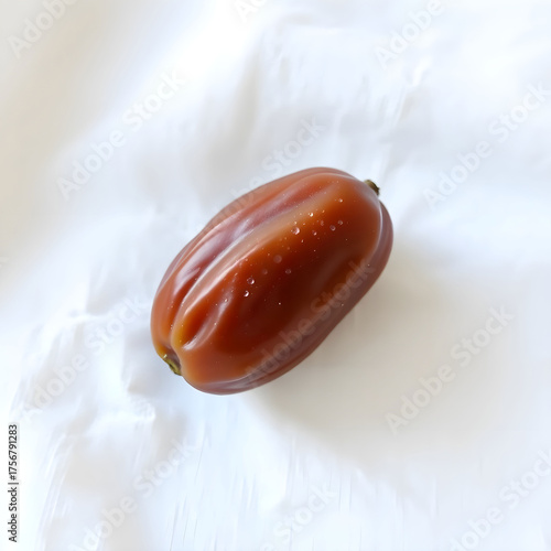 A solitary, plump, and vibrant Date fruit with a smooth brown skin and a subtle sheen, placed gently on a crisp, linen white background