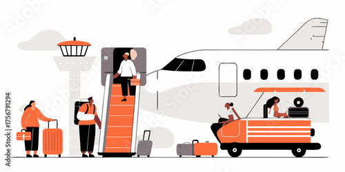 Airport Scene Vector Illustration Passengers Boarding Plane, Baggage Handling, Control Tower Modern Style Minimalist Plane Passengers Getting On Airport Transportation
