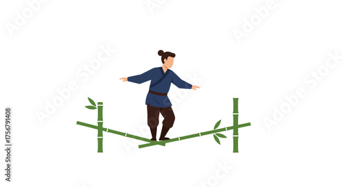 Agile performer demonstrates balance and skill walking on a tightrope with bamboo supports showcasing focus and precision isolated on white background