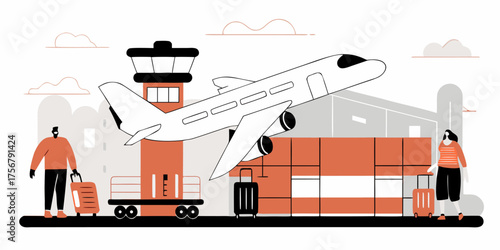 Dynamic Airport Scene Depicting Air Travel with Plane Taking Off, Passengers, and Airport Terminal, Featuring a Control Tower and Modern Building Design for Travel Themes