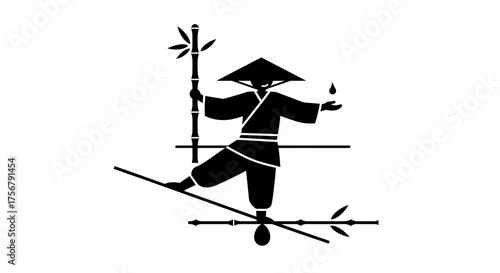 Asian acrobat performer balances on tightrope with bamboo pole and lantern silhouette symbolizing skill and agility isolated on white background