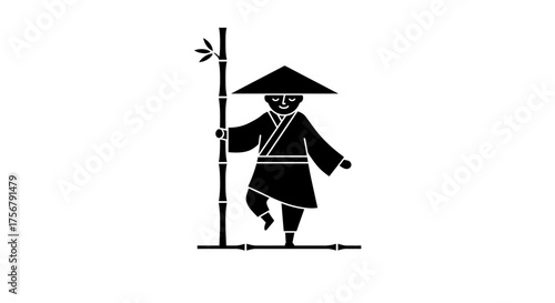 Silhouette of a person in traditional asian attire wearing a conical hat holding a staff and walking isolated on white background