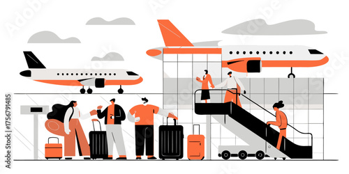 Airport Terminal Travelers Vector Illustration Luggage Passengers Airline Airplane Stairs Boarding Transportation Global Tourism International Flights Flat Design