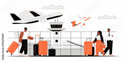 Airport Travel Vector Illustration Passengers Luggage Plane Flight Baggage Claim Terminal Tourism Transportation Control Tower Vacation International Destination
