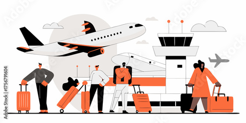 Airport Scene Vector Illustration Presenting Modern Air Travel with Passengers Airplane and Air Traffic Control Tower for Creative Design Projects and Transport Visuals