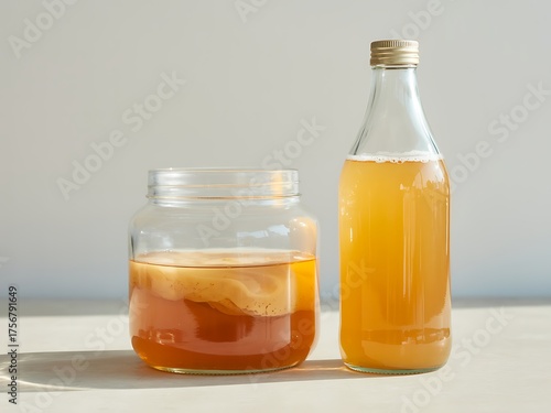 A modern wellness shot of homemade kombucha, showing a healthy SCOBY in its fermentation jar next to a bottle of the finished probiotic drink.