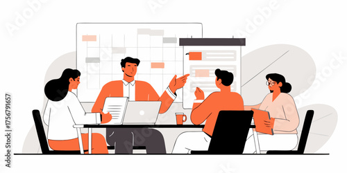 Brainstorming Business Solutions Team Collaboration Meeting with People Around Table Discussing Project Strategy and Planning Business Calendar in Office Room