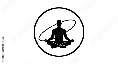Zen meditation silhouette inside circle with orbital lines symbolizing energy and inner peace for holistic wellness and mindfulness concepts isolated on white background