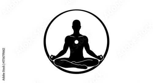 Meditating silhouette figure in circle radiating light representing inner peace spirituality and wellness concepts isolated on white background