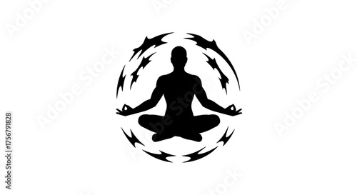 Silhouette of a person meditating in lotus pose surrounded by a vibrant energy aura representing inner peace spiritual awakening and wellness isolated on white background