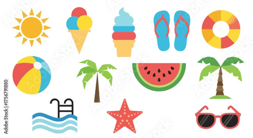 Summer icons set, beach vacation elements for graphic design