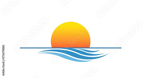 Sunrise over water vector illustration, vibrant orange sun rising above blue waves design
