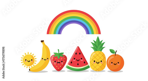 Cute Fruits and Rainbow with Kawaii Faces A Vibrant, Playful Illustration
