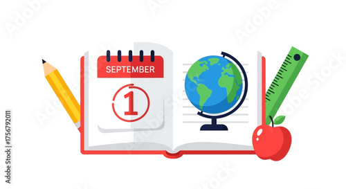 Back to School Flat Lay with Calendar, Globe, and Apple Illustration