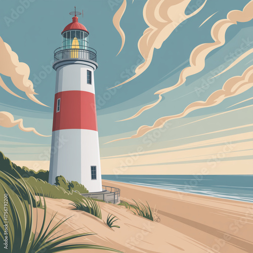 Coastal lighthouse stands tall on sandy beach under dramatic sky