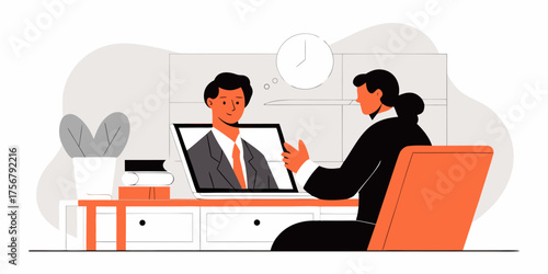 Business Online Meeting Illustration Featuring Two Professional Communicating Via Laptop Screen Conversation  Flat Style Design Vector Artwork